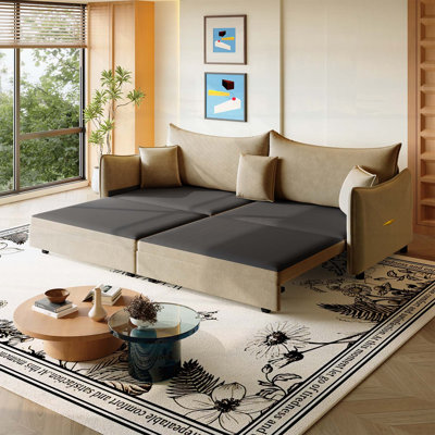 81.9 Inch King Pull Out Sofa Bed, 3-in-1 Convertible with 3 Pillows, Golden Accents, Modern Velvet 3-Seater for Small Spaces, Living Rooms, and Apartm