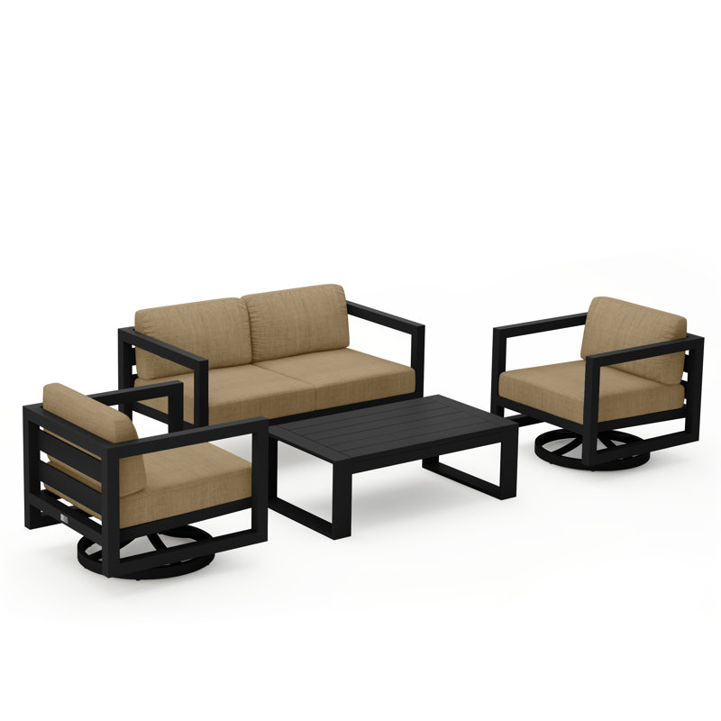 Avion 4 Piece Loveseat Set With Swivel, Spectrum Indigo Sunbrella®, Black