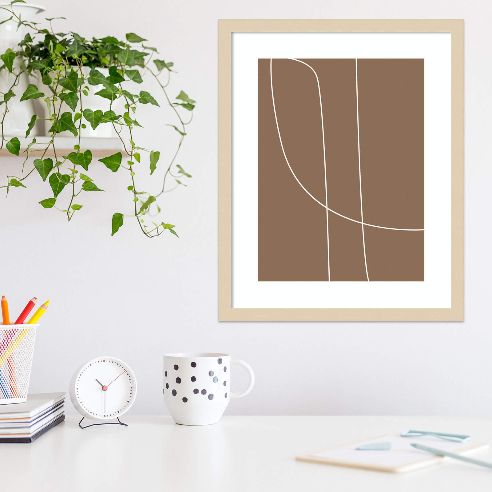 Modern Line Abstract 1 Print, 21" H x 17" W x 0.8" D, Brown Framed