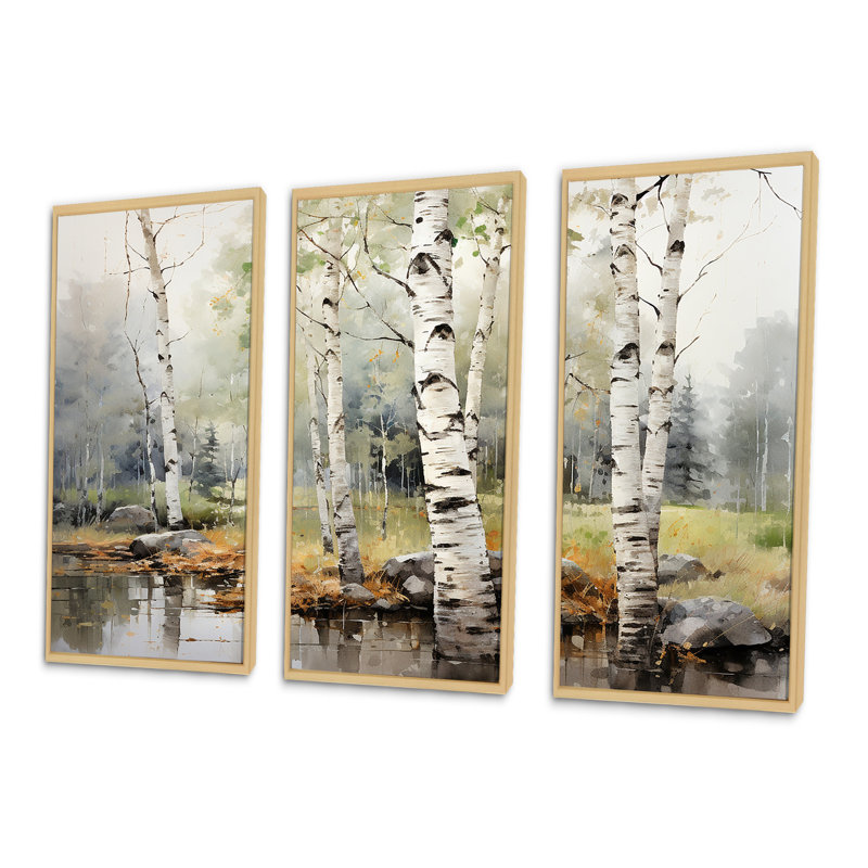 «Green Birch Wood Beauty I - Tree Birch», ensemble d'art sur toile, H 28 po x l 36 po x P 1 po, Cadre flottant en érable