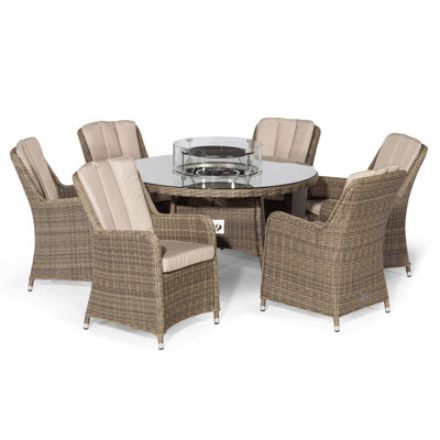Balch 6 Seat Round Rattan Fire Pit Dining Set - with Lazy Susan