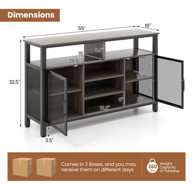 55-Inch Buffet Sideboard With 8-Bottle Wine Racks And Wine Glass Holders, Grey