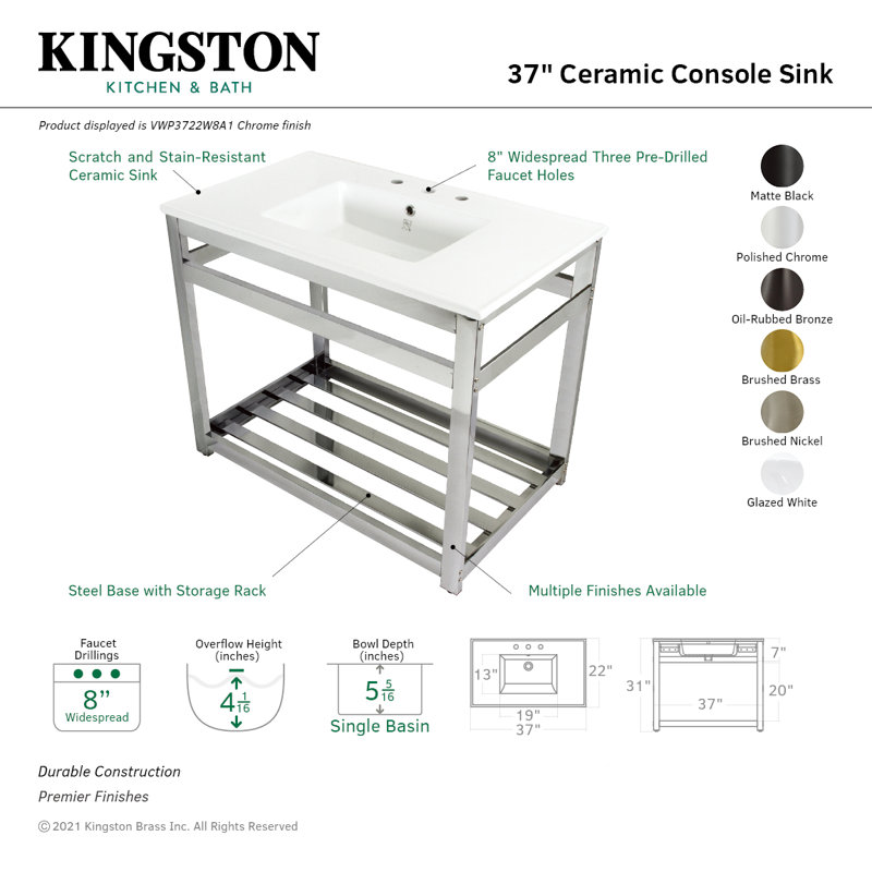 Kingston Brass Quadras 37-Inch Ceramic Console Sink with Steel Base and Shelf (8-Inch, 3-Hole), White/Brushed Nickel