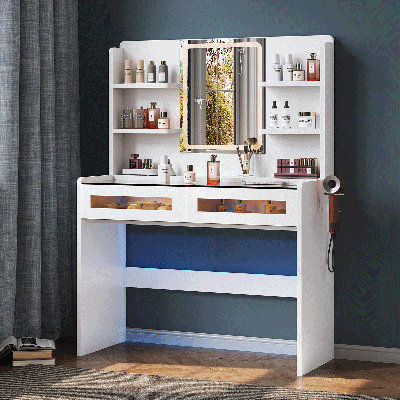 31.49"Makeup Vanity Desk with Smart LED Mirror & Charging Station, Transparent Top with 2 RGB Drawers, 4 Shelves, 3 Lighting Modes & Adjustable Brightness, Modern Bedroom Dressing Table-White