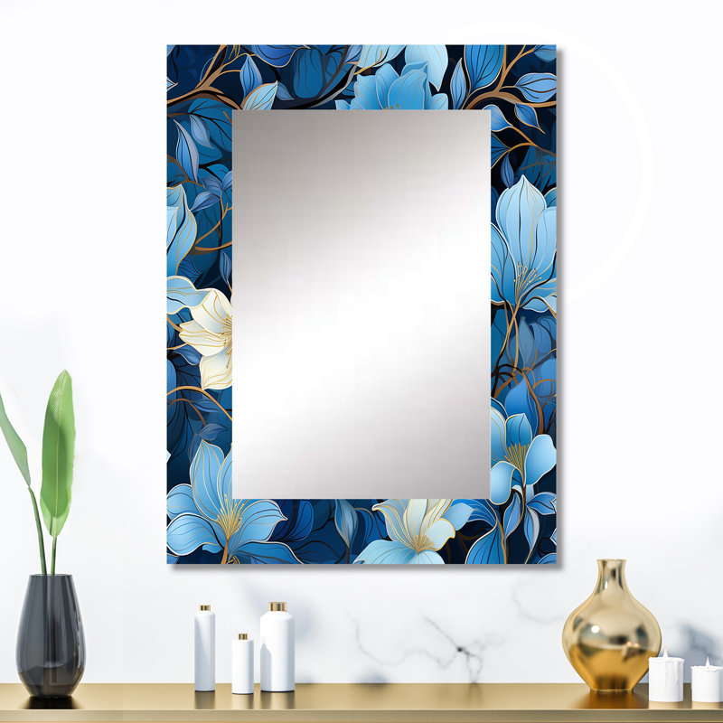 Aurella, motif floral blanc et bleu - grand miroir mural floral, miroir décoratif de chalet, impression d'art en métal