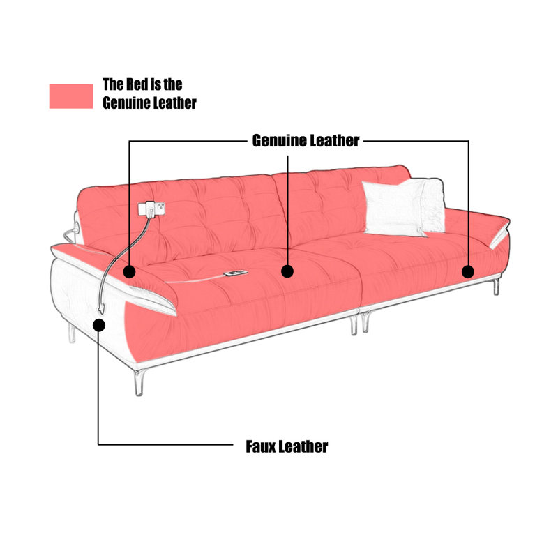 Black Genuine Leather Modular Sofa cushion couch, H 35,43 po x l 98,43 po x P 39,37 po, Blanc
