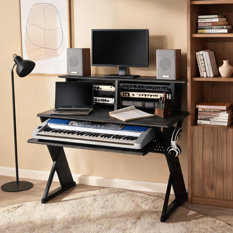 Bureau d'ordinateur en bois noir mat et acier avec plateau pour clavier et gestion des câbles, 47 po