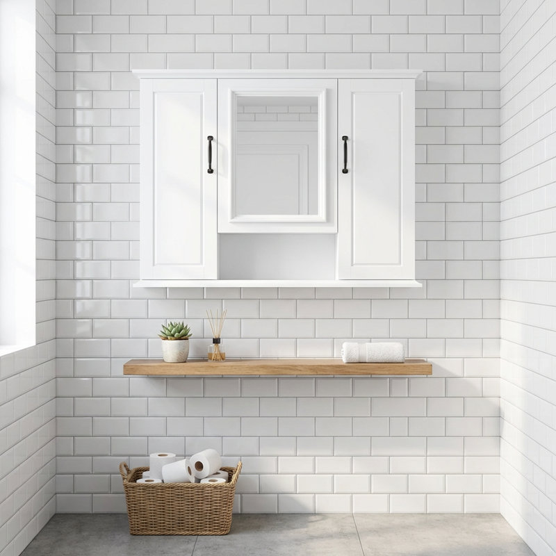 Armoire de toilette murale à miroir avec trois portes et tablettes réglables