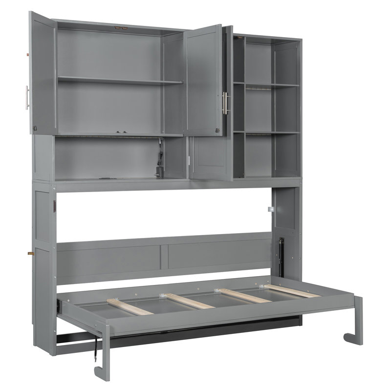 Lit escamotable simple avec bibliothèque de rangement et tablettes, lumière DEL et stations de charge, Gris