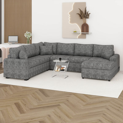 112.2" Modular Chenille Sectional Sofa Couch, Pull-Out Sleeper Sofa With Storage Ottoman, Storage Seats & USB Charging Port, Three Pillows