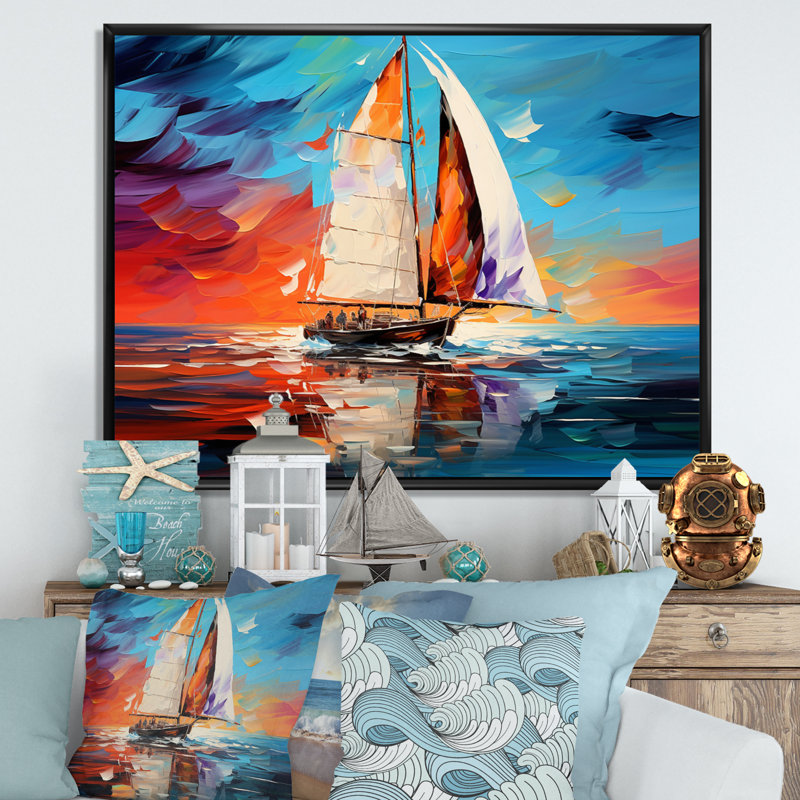 Voilier abstrait maritime I, H 34 po x l 44 po x P 1,5 po, Cadre flottant noir