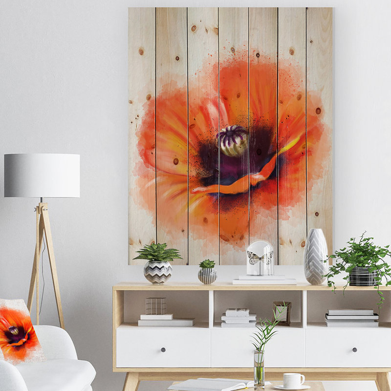 Jolie fleur d'aquarelle orange - peinture sur bois sans cadre, H 20 po x l 12 po x P 1 po