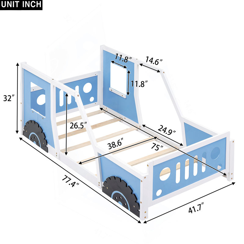 Lit plateforme classique avec roulettes en forme de voiture, Bleu, Lit simple