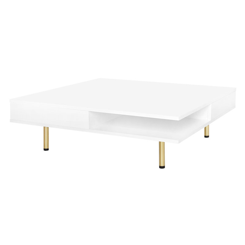 Table basse carrée à 2 niveaux avec 4 pieds dorés et 2 petits tiroirs Exquise, Blanc