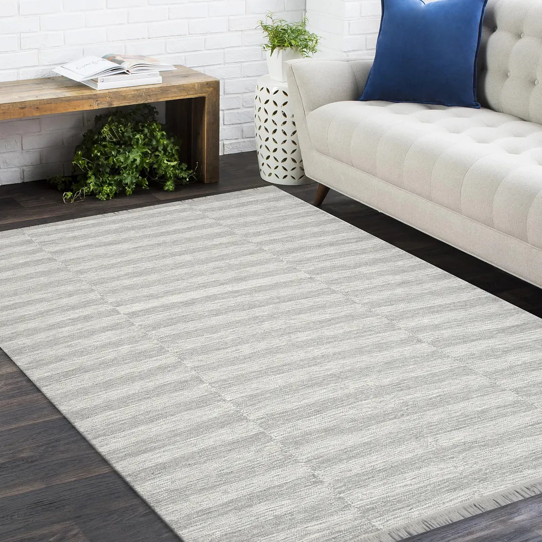 Reva Silver Hand-Knotted Striped Wool Rug, Rectangle 8' x 10'