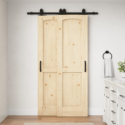 Porte intérieure en pin massif à deux panneaux cintrée de 40 po x 80 po avec ensemble de quincaillerie pour porte coulissante de style grange, idéale pour le salon ou le garde-manger.