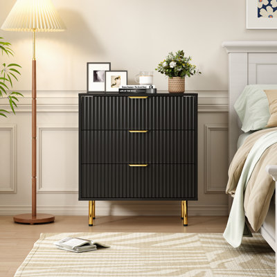 Table de chevet noire à 3 tiroirs avec poignée dorée, grande table de chevet en bois de 28 po de largeur et 28 po de largeur