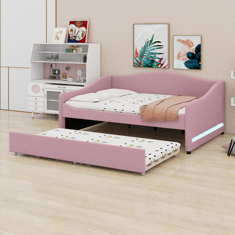 Upholstered Daybed With Light And Trundle, Pink
