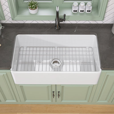 Fireclay Apron Front Farmhouse Kitchen Sink Single Bowl Farm Sink in White with Accessory Kits
