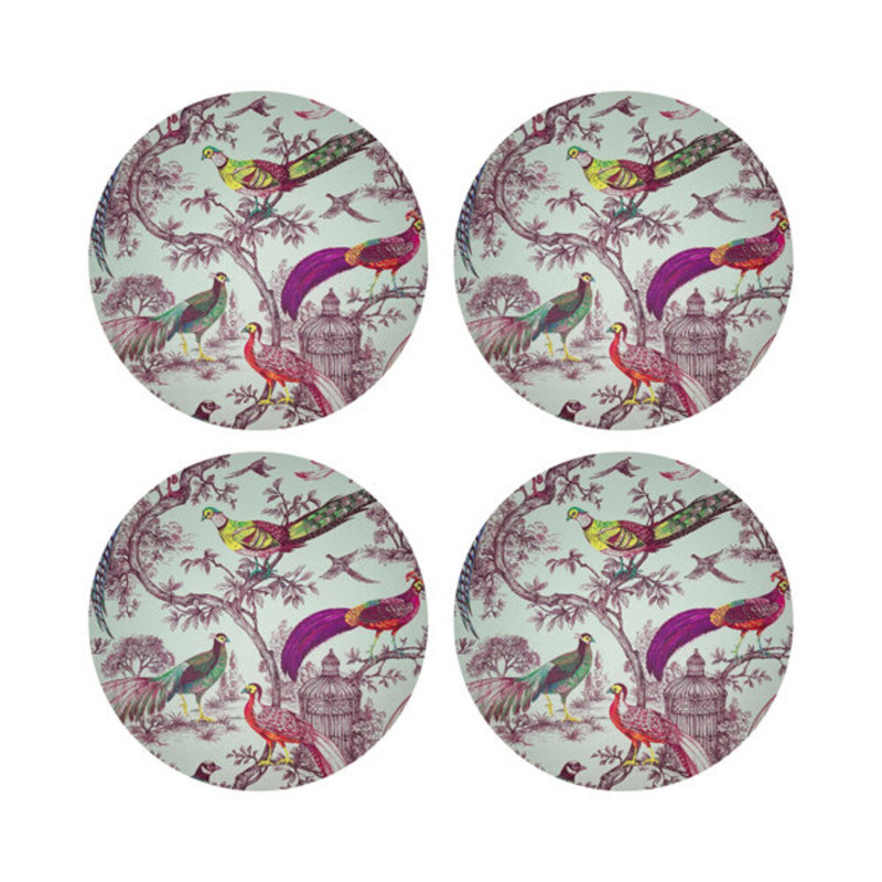Pheasant Fall Sauvage Wedgewood Vegan Leather Round Coasters, Meadow