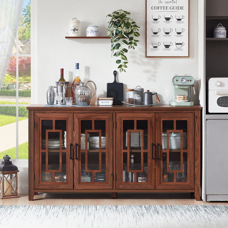 Large Sideboard Buffet Cabinet With Storage, 63" Farmhouse Kitchen Coffee Wine Bar Cabinet With 4 Glass Doors, Mid Century Modern Wooden Side Board Table For Dining Room, Living Room
