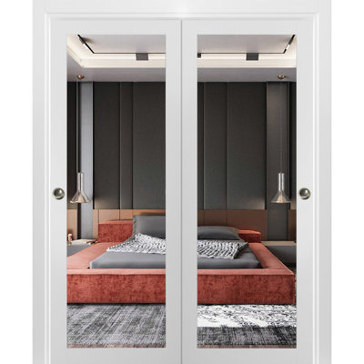 Portes coulissantes de placard Lucia 1299 Blanc Soie avec miroir, rails robustes, moulures, garnitures, quincaillerie, bois massif, portes de placard de chambre à coucher - 48 po x 80 po (2 x 24 x 80 po) - Miroir