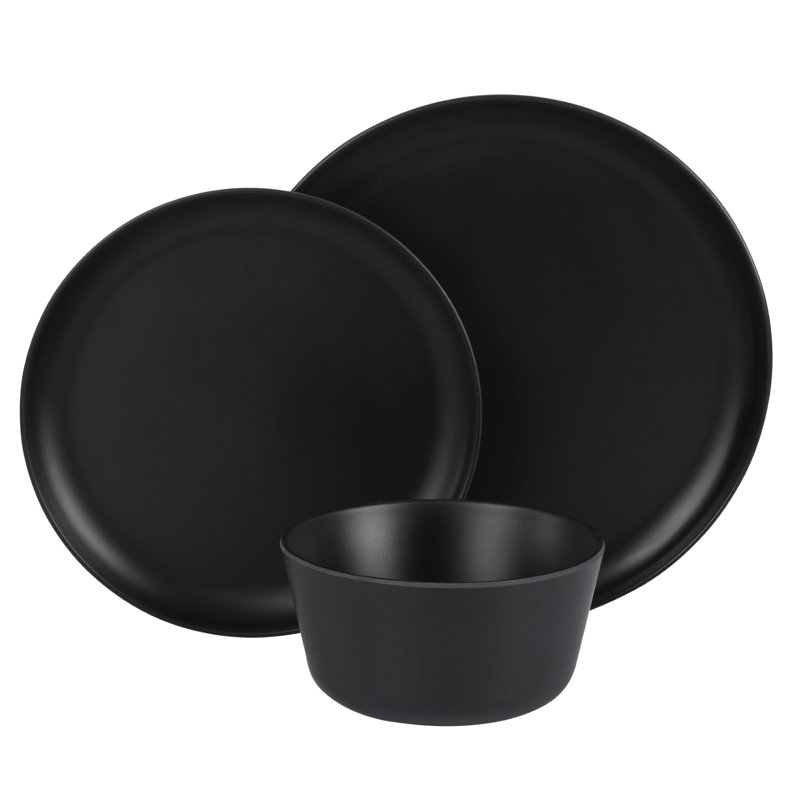 Matte Black Melamine 12-Piece Dinnerware Set for 4