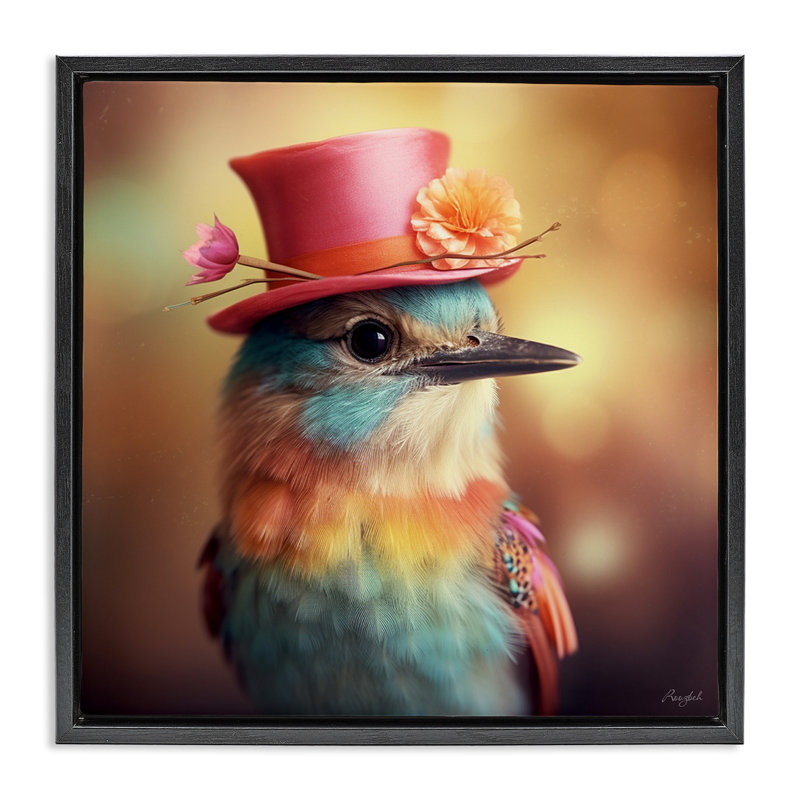Oiseau pastel au chapeau, H 18 po x l 18 po, Cadre flottant noir de jais