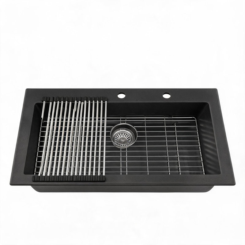 Évier de cuisine encastré en composite de quartz noir de 84 cm x 56 cm x 25 cm avec bonde arrière