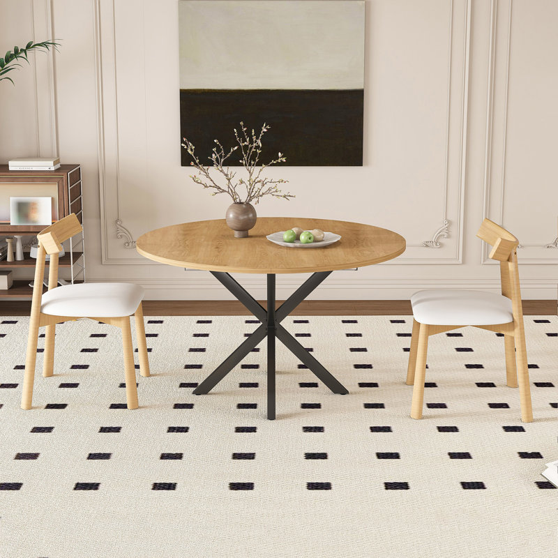 Table de salle à manger extensible ronde pour 2 à 6 personnes, table extensible de 43 à 58 pouces avec base en acier au carbone et 2 chaises en bois massif, mobilier de salle à manger moderne