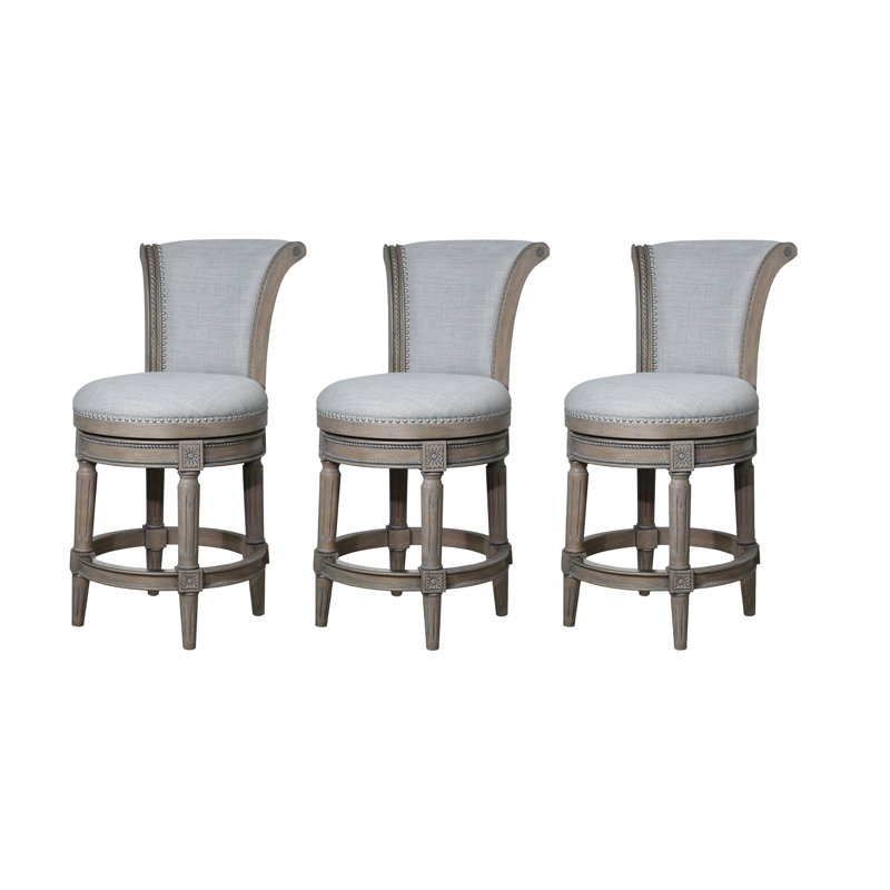 Tabouret de bar pivotant en bois massif Ted, Siège en polyester gris / cadre gris vieilli, 3