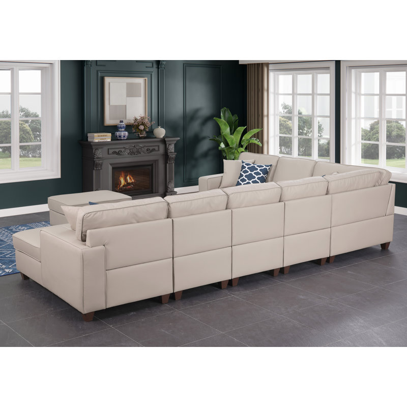 Canapé modulaire en cuir avec repose-pieds Carstens, Similicuir beige