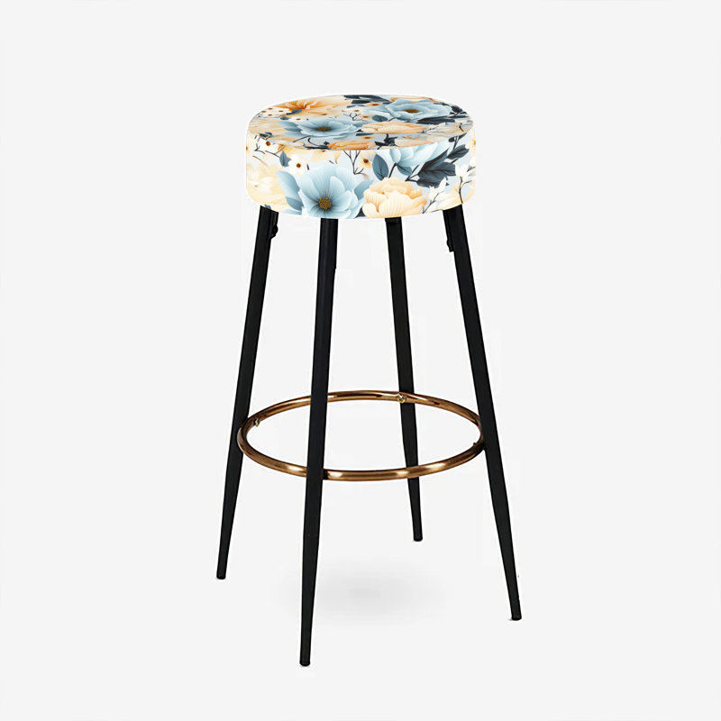 Ensemble de 2 tabourets de bar floraux bleus et beiges à motif floral bohémien