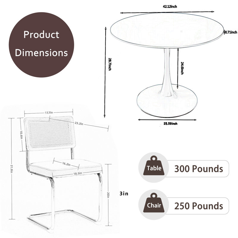Table de salle à manger 5 pièces Mid-Century, Noir, Blanc