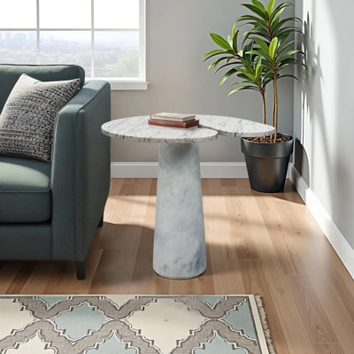 Kramer Marble Accent Table Round Modern Stone Side Table with Sculptural Split-Top Design for Living Room, Bedroom, or Office 24" Ivory & Grey