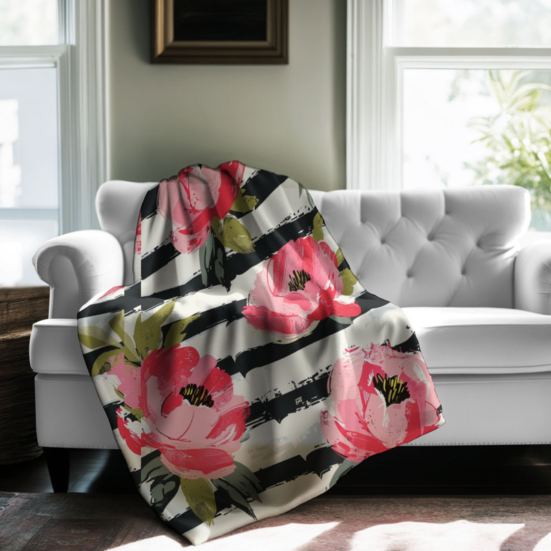 Floral Stripe Art - couverture sherpa de qualité supérieure 1 pièce, Grand lit