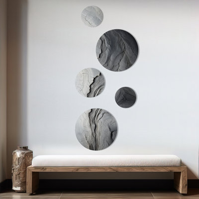 Gris et blanc pierre rivière III - ensemble abstrait d'art mural rond de 5