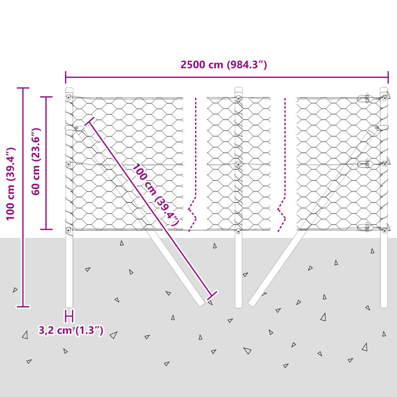 Hexagon Fence Steel, 23.6" H x 984.3" W, Gray