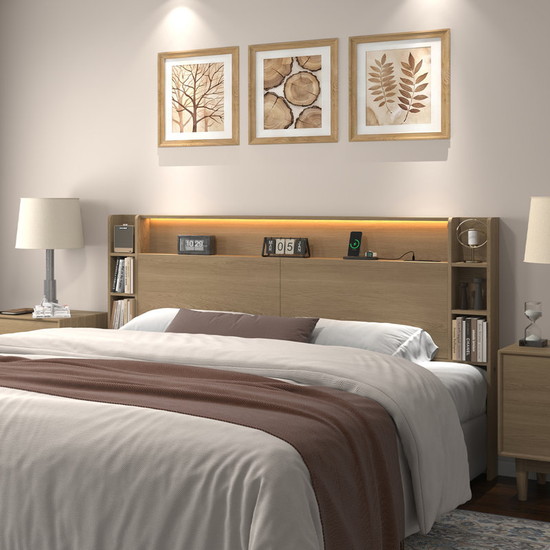 Queen Size Headboard With Built-in Usb/ac Outlets & Storage, Bedroom Headboard With Smart Led Lighting & Anti-tip Accessories