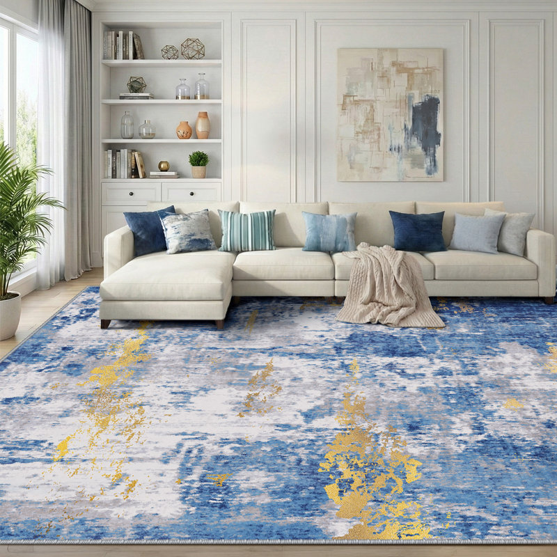 Modern Abstract Printed Area Rug Non-Slip Machine Washable Low Pile for Living Room Bedroom, Rectangle 8' x 10', Blue/Gold