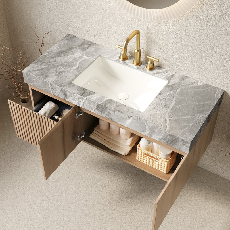 Muri 48" Bathroom Vanity&Sink, Floating Plywood Storage Cabinet With Drawer&Doors, Light Gray Sintered Stone Top&Ceramic Basin With 3 Pre-Drilled Faucet Holes, Pre-Assembled, White Oak Woodgrain Color