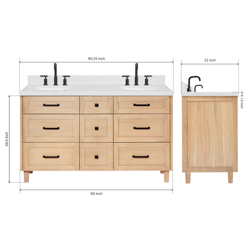 Meuble-lavabo double avec comptoir ARIEL, Chêne, 60" - 61", Carrara White Quartz