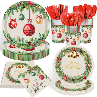 Vaisselle de Noël 350PCS jetable pour 50 invités, assiettes en papier 9 pouces et 7 pouces avec tasses, serviettes de table, boule de Noël