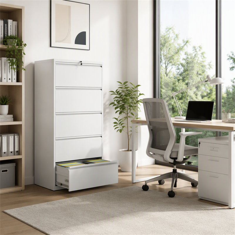 5-Drawer Metal Lateral File Cabinet with Lock, Durable and Secure Storage for Legal/Letter/A4/F4 Size Documents, White