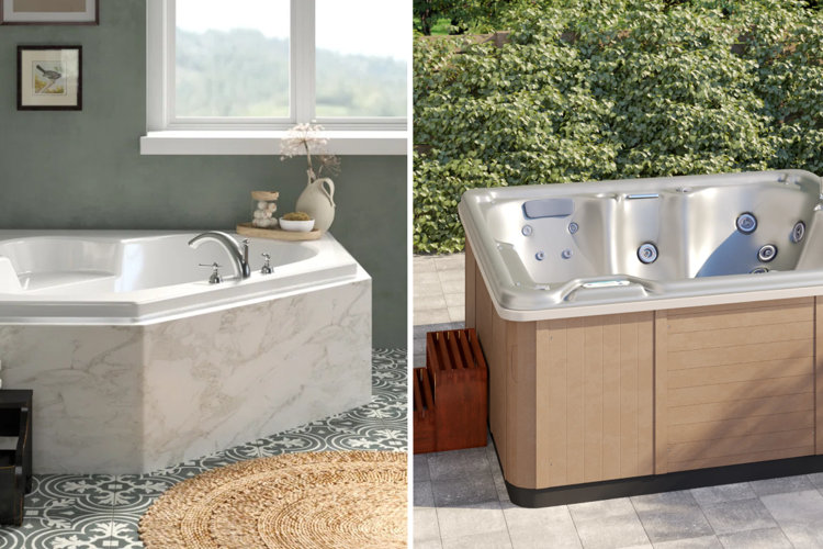 side by side comparison of an indoor Jacuzzi bathtub vs. an outdoor hot tub