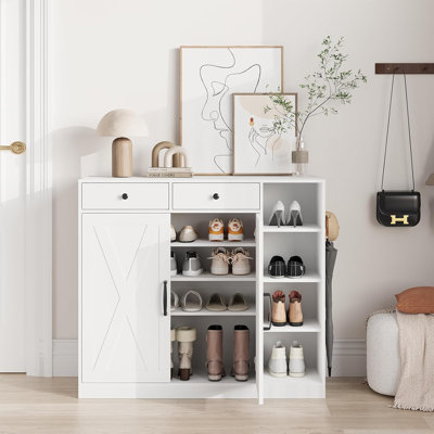 Armoire à chaussures blanche pour hall d'entrée avec portes, crochets et 3 supports ouverts - 4 tablettes de rangement réglables pour le couloir et le salon