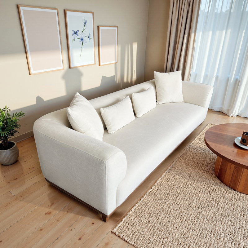 Canapé en velours scandinave Vero avec confort moelleux et base en bois massif, Crème