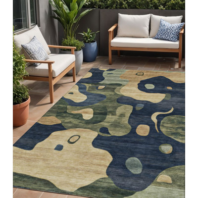 Tapis d'extérieur lavable abstrait bleu marine et vert olive 5 pi x 8 pi
