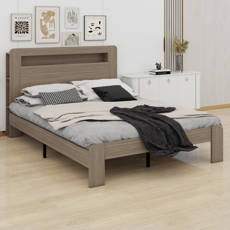 Lit plateforme avec tête de lit à DEL intégrée et USB, Grand lit, Gris foncé