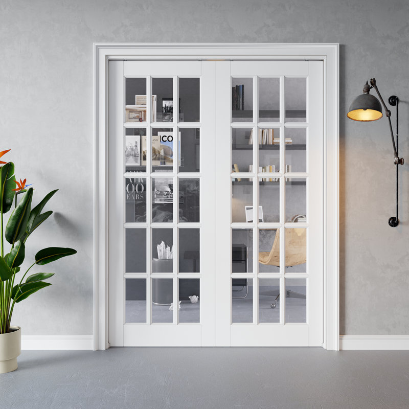 Porte coulissante intérieure à 15 carreaux en verre clair, MDF CARB P2 et verre trempé SGCC, double porte escamotable, avec cadre renforcé et quincaillerie incluse, porte de chambre préfinie et imperméable, pour garde-manger, chambre, salle de bain et placard, teinture facile à appliquer soi-même, 183 cm x 203 cm
